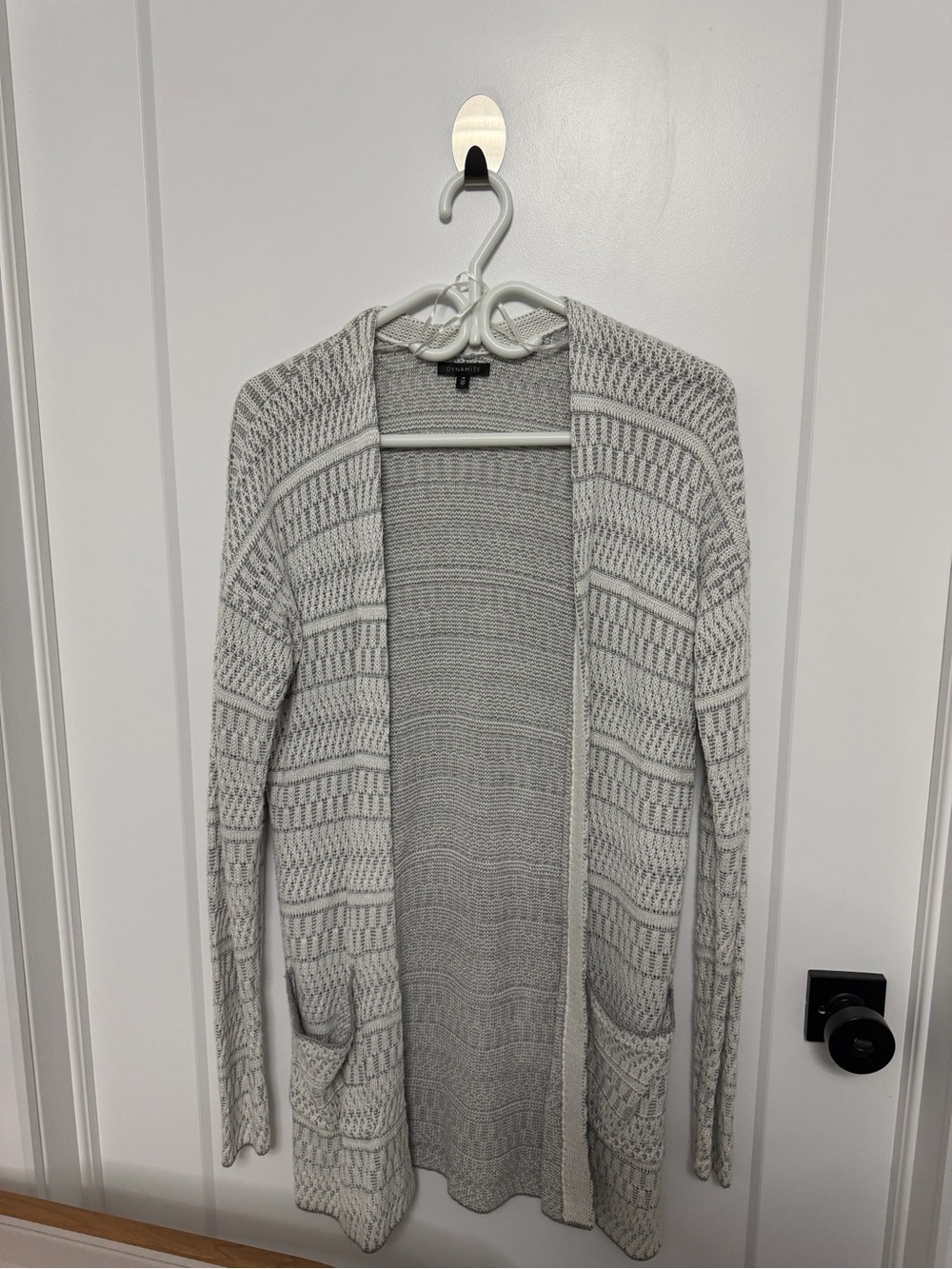 Dynamite Cream and Light Gray Open-Front Knit Cardigan